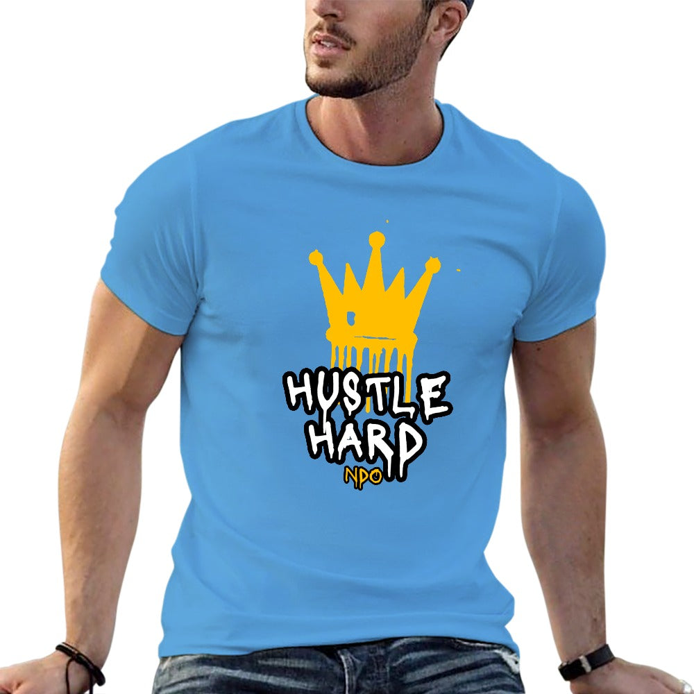 2025 New 150g Men's  Short Sleeve T-shirt-Light Blue Hustle Hard Crown