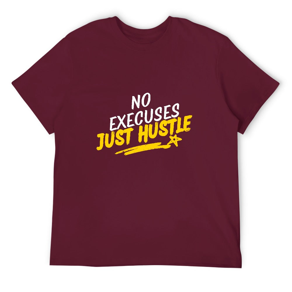 2025 New 150g Men's  Short Sleeve T-shirt-Burgundy -No Excuses Hustle Hard