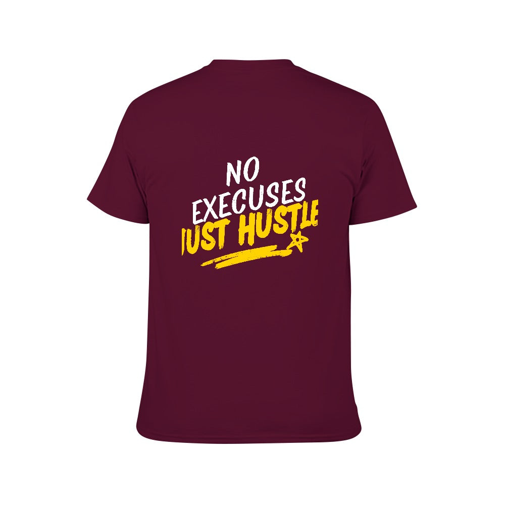 2025 New 150g Men's  Short Sleeve T-shirt-Burgundy -No Excuses Hustle Hard