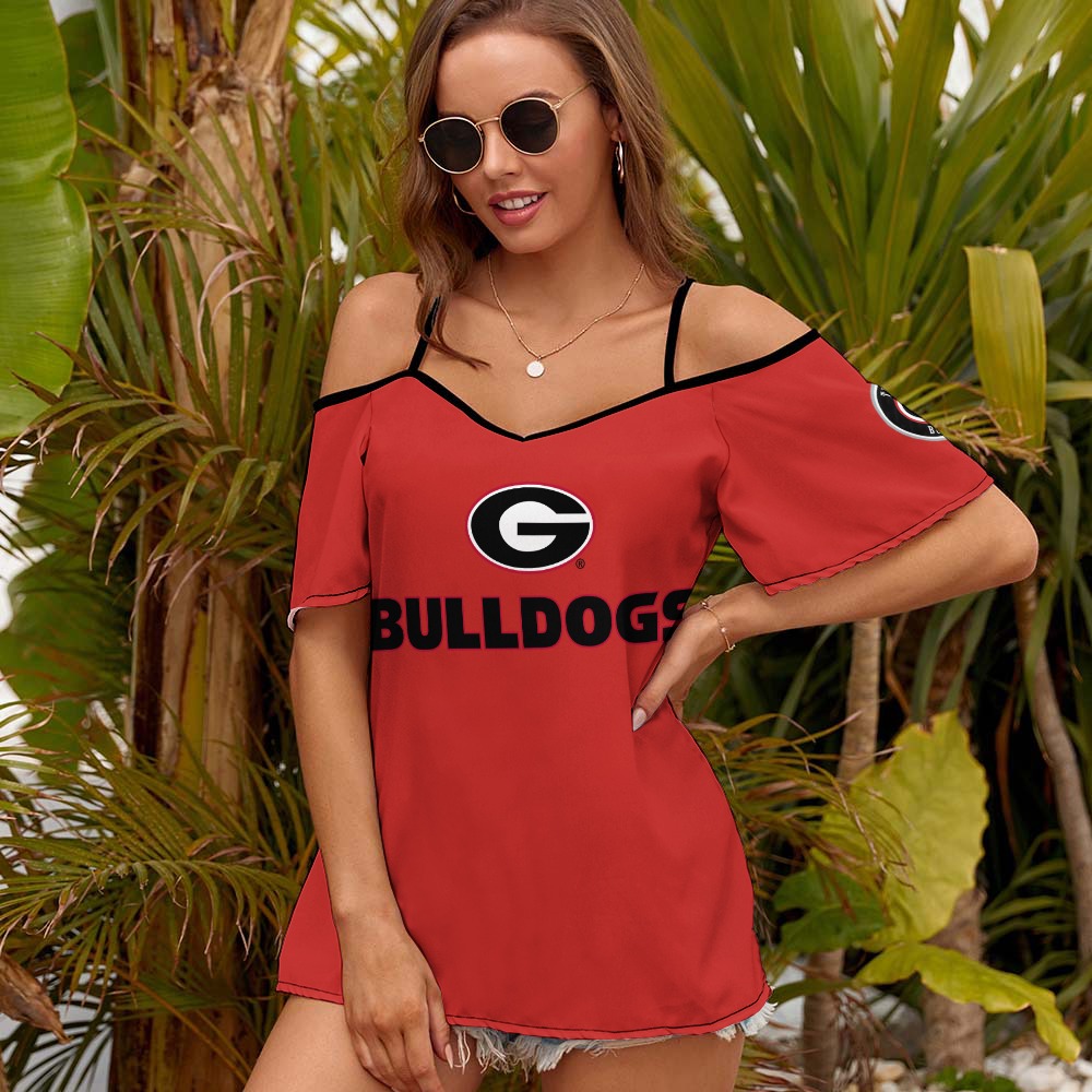 NDO Designs-Georgia Bulldogs-GA-Casual Ladies Off Shoulder Sling Short Sleeve Top