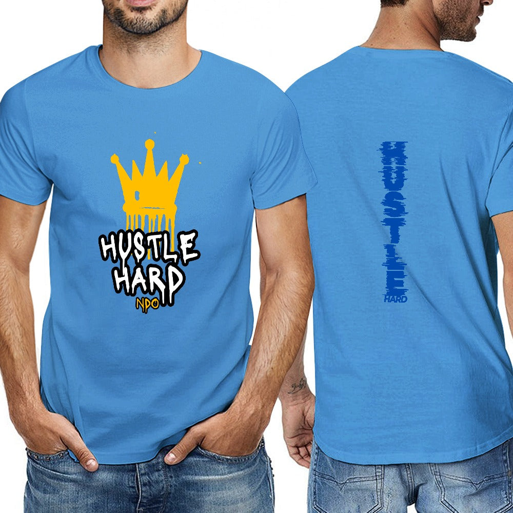 2025 New 150g Men's  Short Sleeve T-shirt-Light Blue Hustle Hard Crown