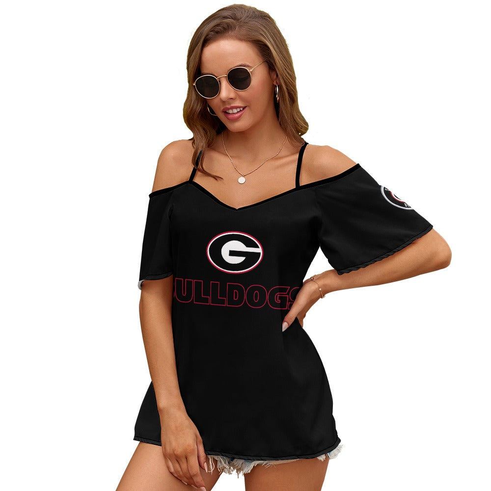 NDO Designs-Georgia Bulldogs-GA-Casual Ladies Off Shoulder Sling Short Sleeve Top