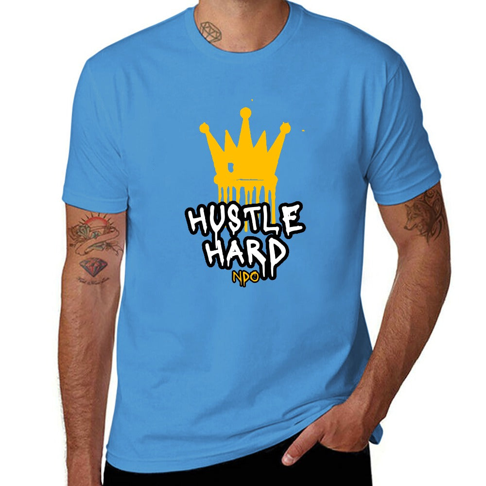 2025 New 150g Men's  Short Sleeve T-shirt-Light Blue Hustle Hard Crown