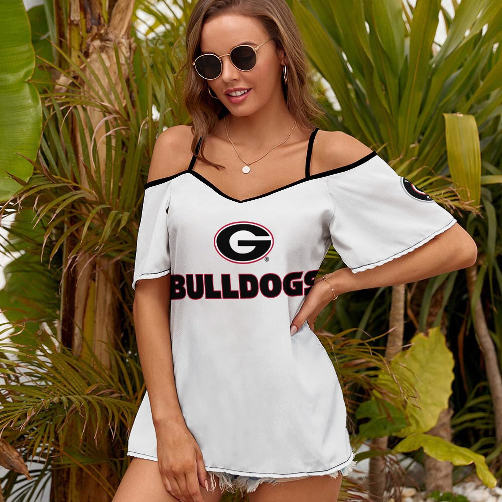 NDO Designs-Georgia Bulldogs-GA-Casual Ladies Off Shoulder Sling Short Sleeve Top