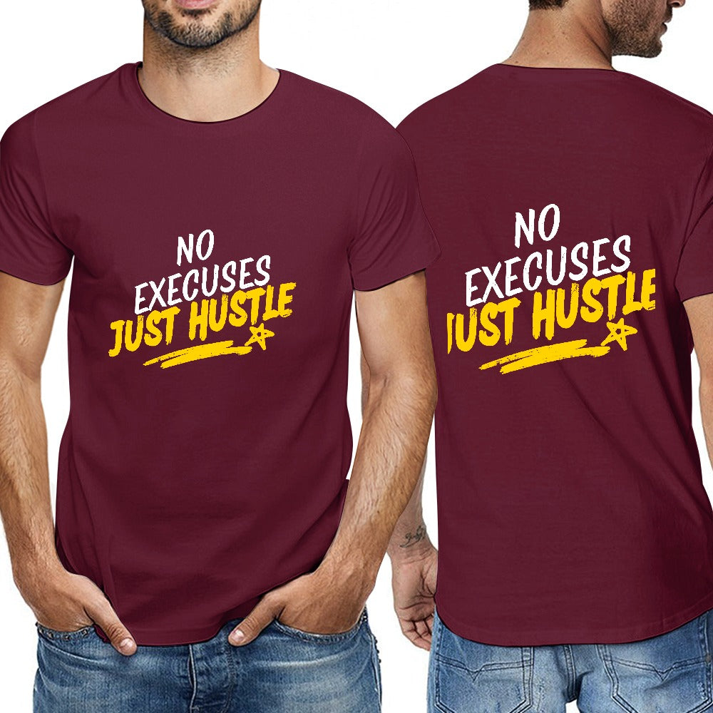 2025 New 150g Men's  Short Sleeve T-shirt-Burgundy -No Excuses Hustle Hard