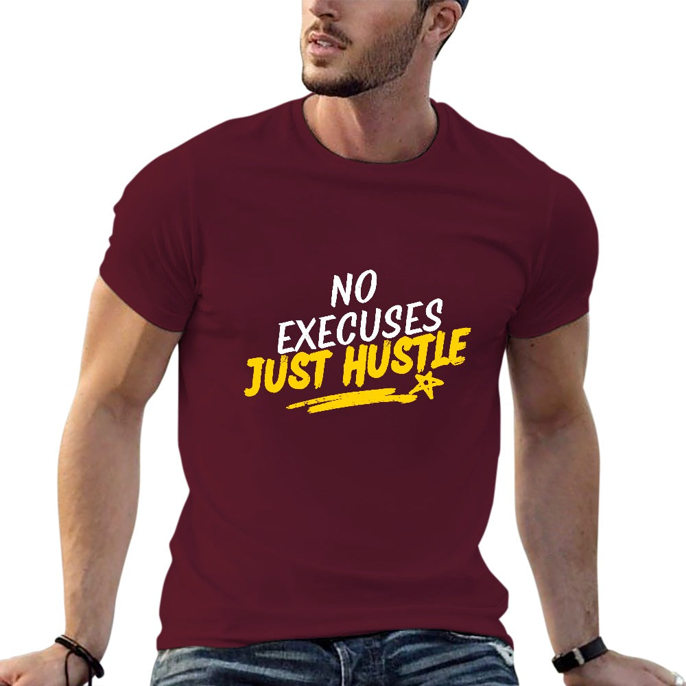 2025 New 150g Men's  Short Sleeve T-shirt-Burgundy -No Excuses Hustle Hard