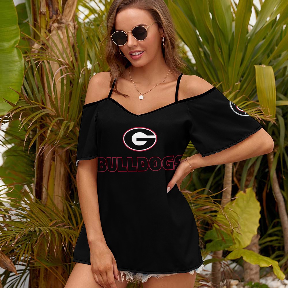 NDO Designs-Georgia Bulldogs-GA-Casual Ladies Off Shoulder Sling Short Sleeve Top