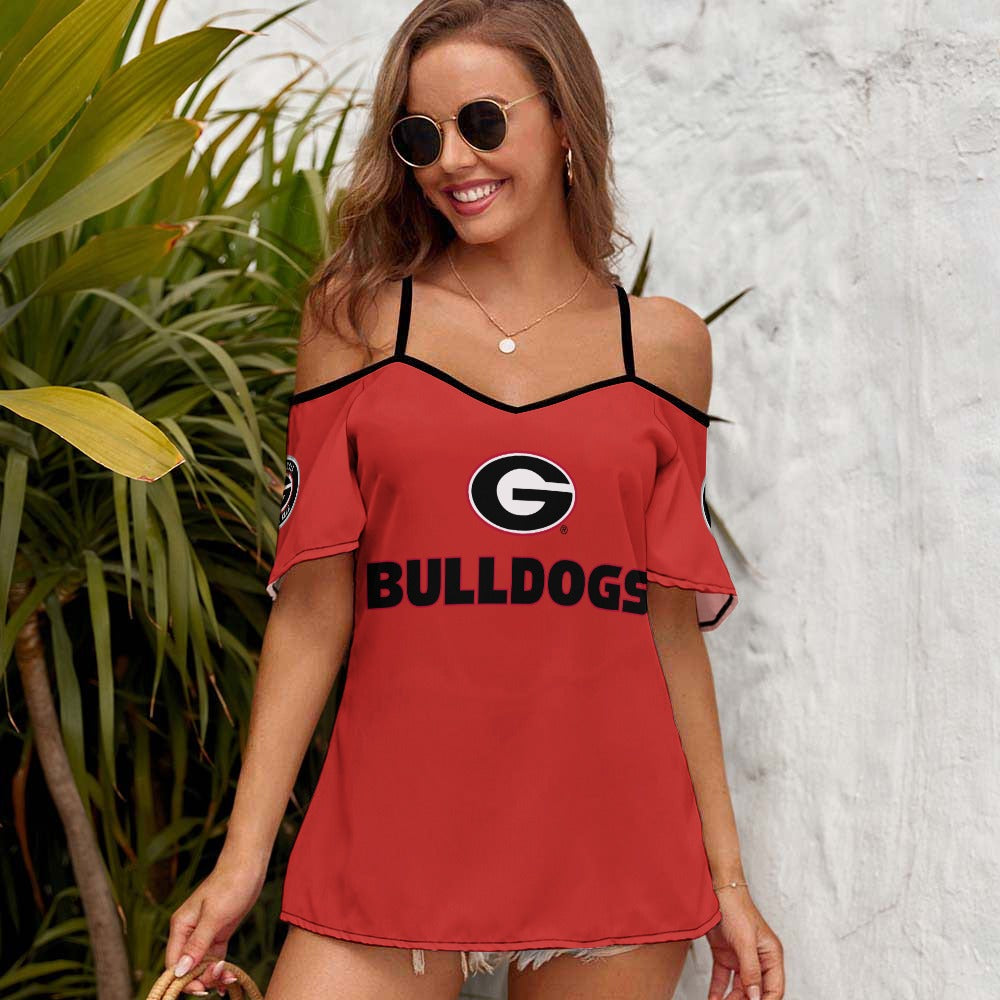 NDO Designs-Georgia Bulldogs-GA-Casual Ladies Off Shoulder Sling Short Sleeve Top