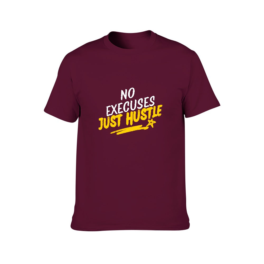 2025 New 150g Men's  Short Sleeve T-shirt-Burgundy -No Excuses Hustle Hard