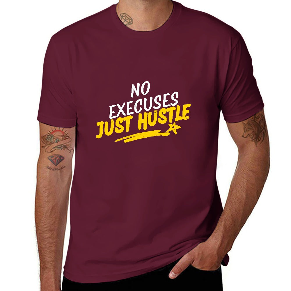 2025 New 150g Men's  Short Sleeve T-shirt-Burgundy -No Excuses Hustle Hard